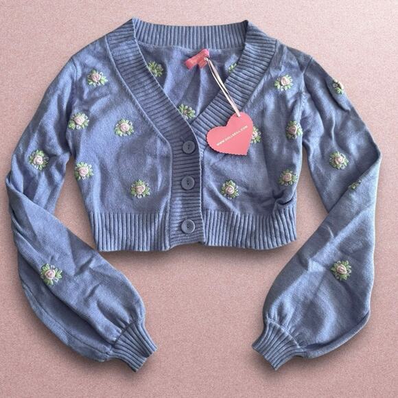 NWT Dolls Kill Sugar Thrillz Purple Floral Embroidered Cropped Cardigan - Picture 1 of 4